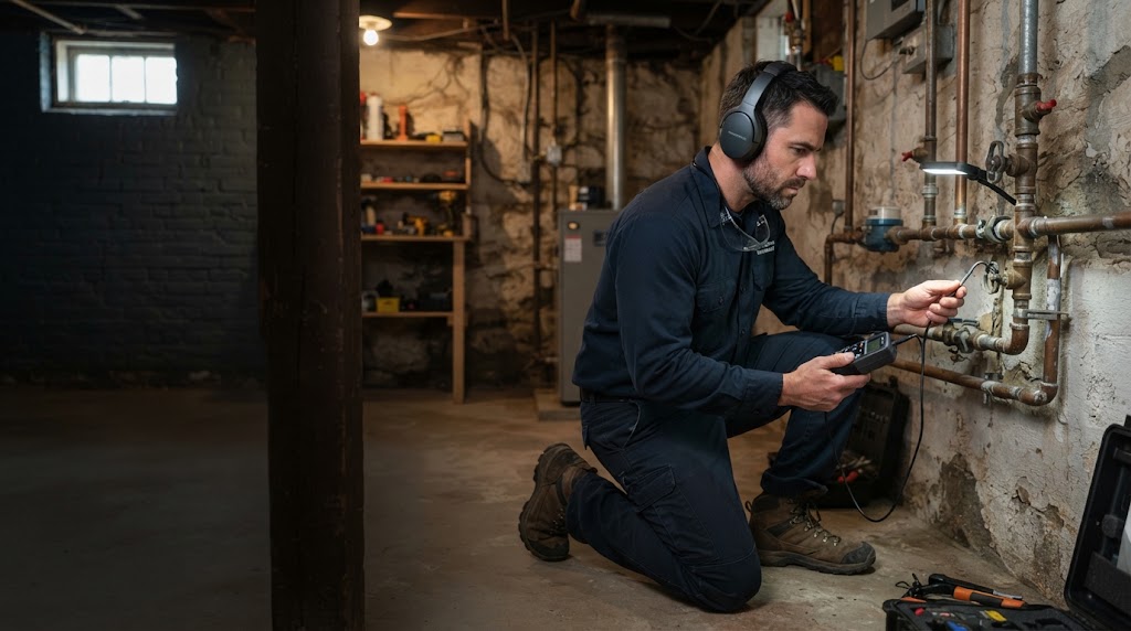 Electronic acoustic equipment pinpointing under slab pipe leaks in Deptford