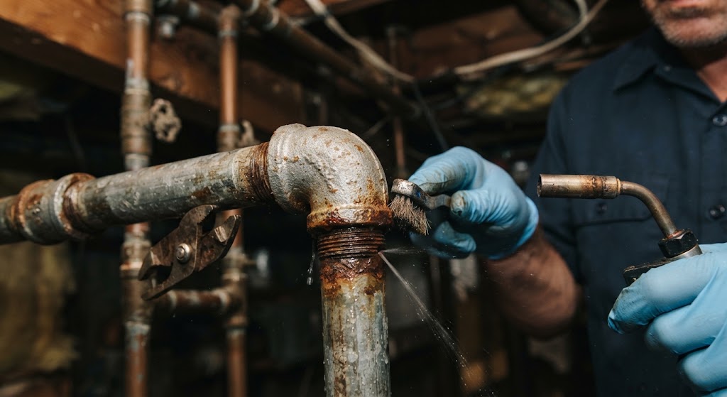 Plumbing specialist inspecting copper water pipe for pipe leak repair Deptford NJ