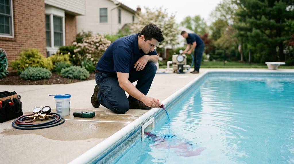Electronic pressure testing on pool plumbing manifold in Deptford