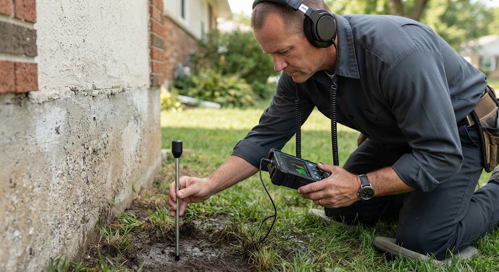 Technician using acoustic soil microphone probe to detect underground irrigation leak in Deptford lawn