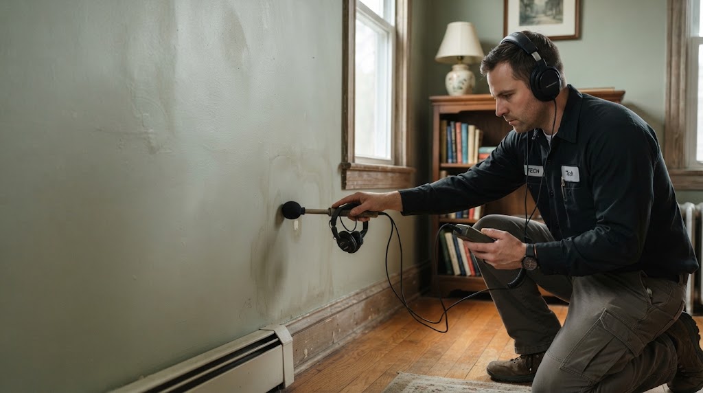 Specialist using acoustic wall probe and headphones to pinpoint hidden water leak behind wall in Deptford