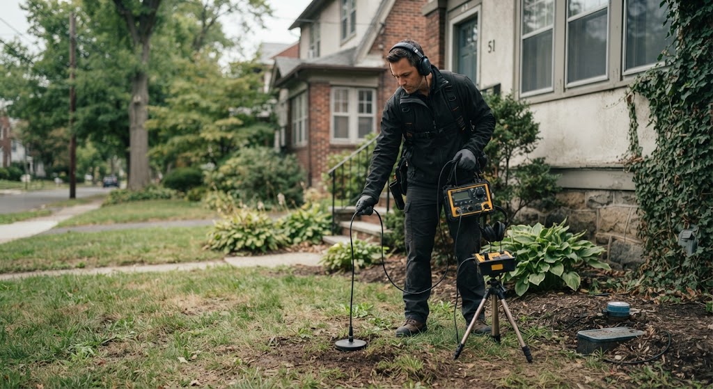 Specialist using underground sensor for water line leak detection Deptford NJ on residential property